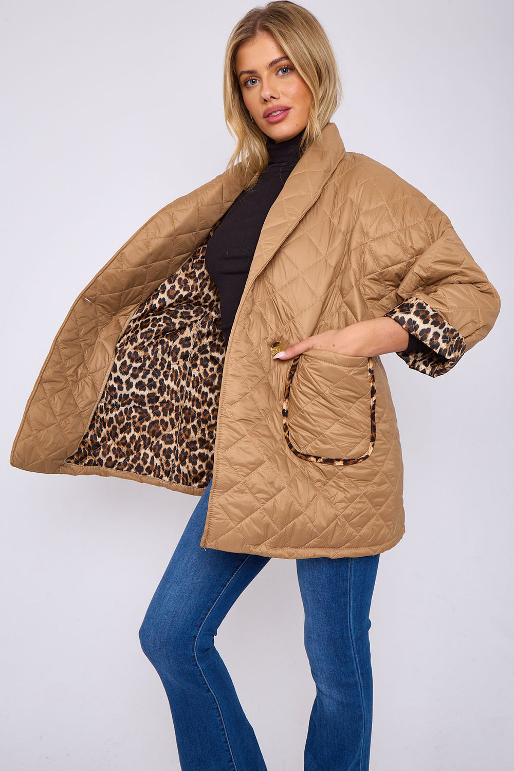 Claudene Leopard Lined Pocket Quilted Jacket