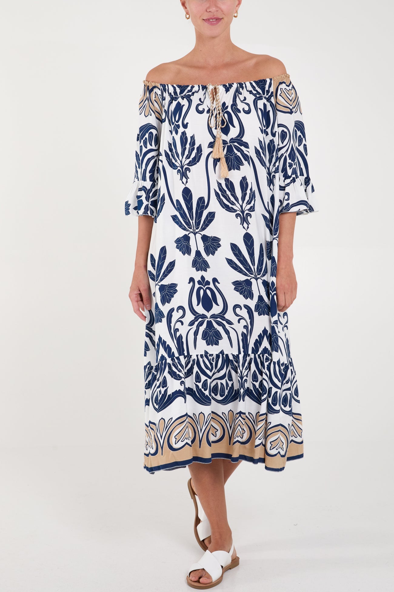 Elodie Floral Bardot Border Print Midi Dress