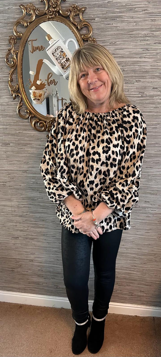 Katie Leopard Print Bardot Top - LB Boutique