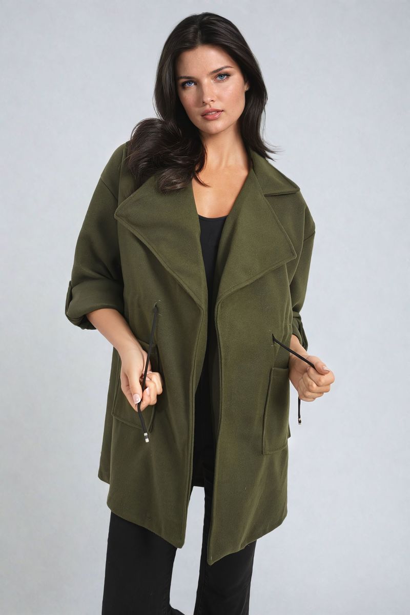 Camryn Roll Tab Sleeve Drawstring Waist Open Front Trench Coat