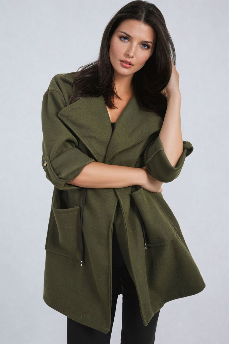 Camryn Roll Tab Sleeve Drawstring Waist Open Front Trench Coat