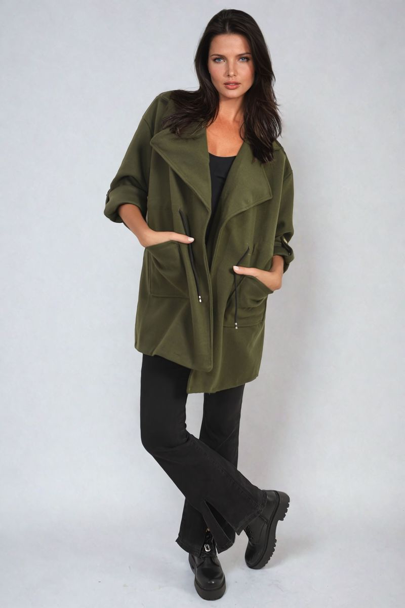 Camryn Roll Tab Sleeve Drawstring Waist Open Front Trench Coat