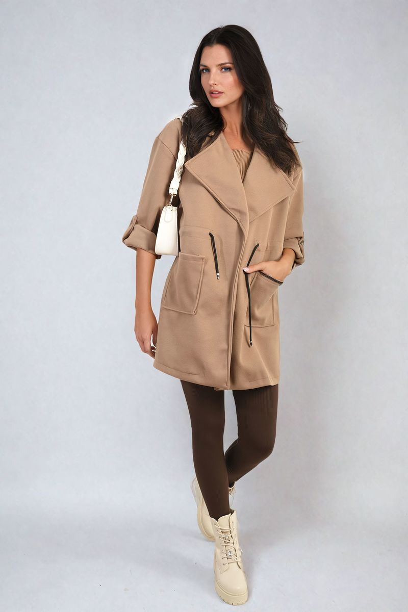 Camryn Roll Tab Sleeve Drawstring Waist Open Front Trench Coat