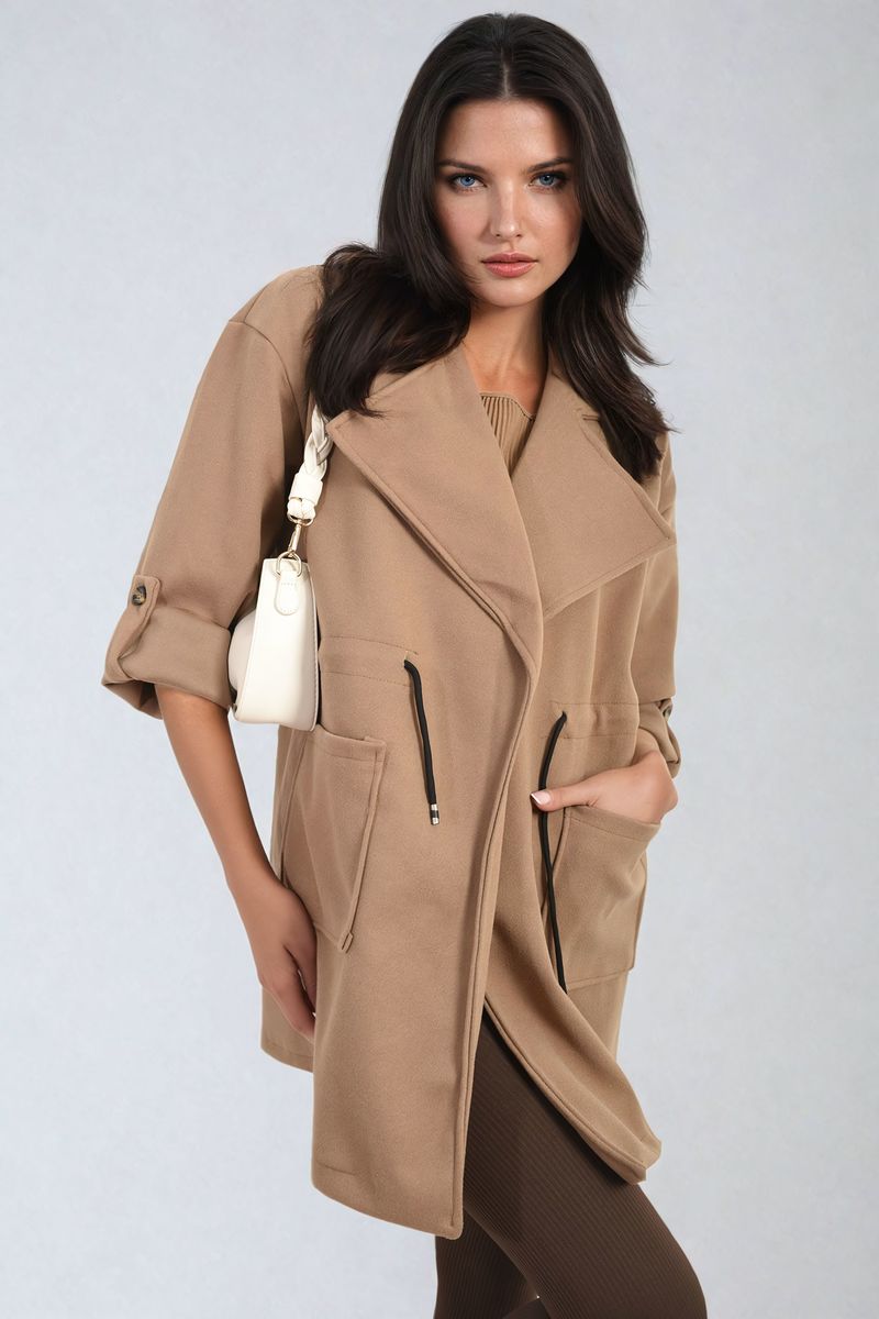 Camryn Roll Tab Sleeve Drawstring Waist Open Front Trench Coat